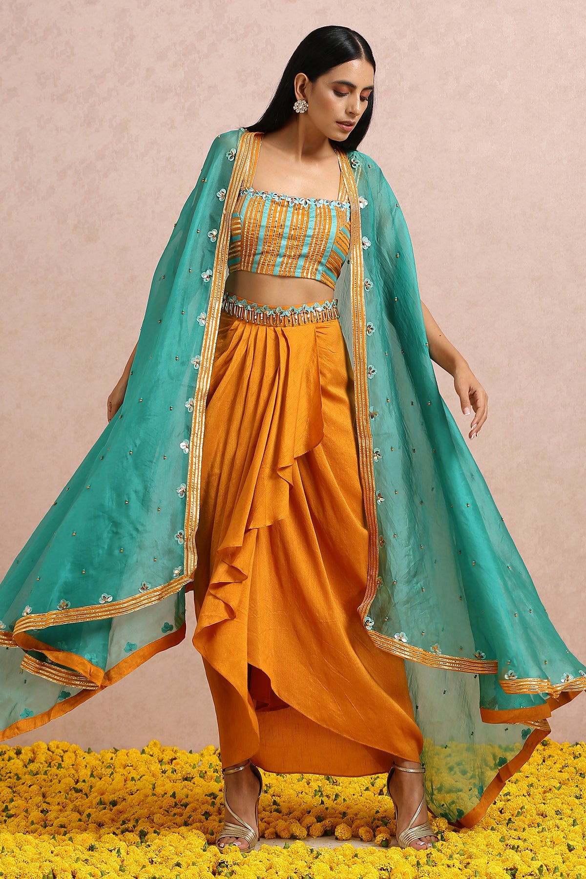 Teal Cape And Rust Dhoti Set