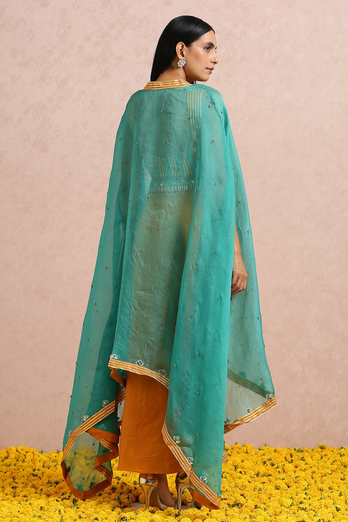 Teal Cape And Rust Dhoti Set