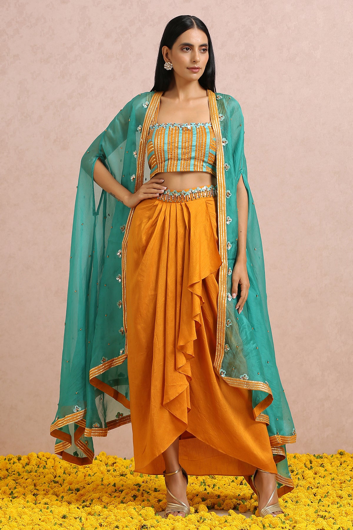 Teal Cape And Rust Dhoti Set