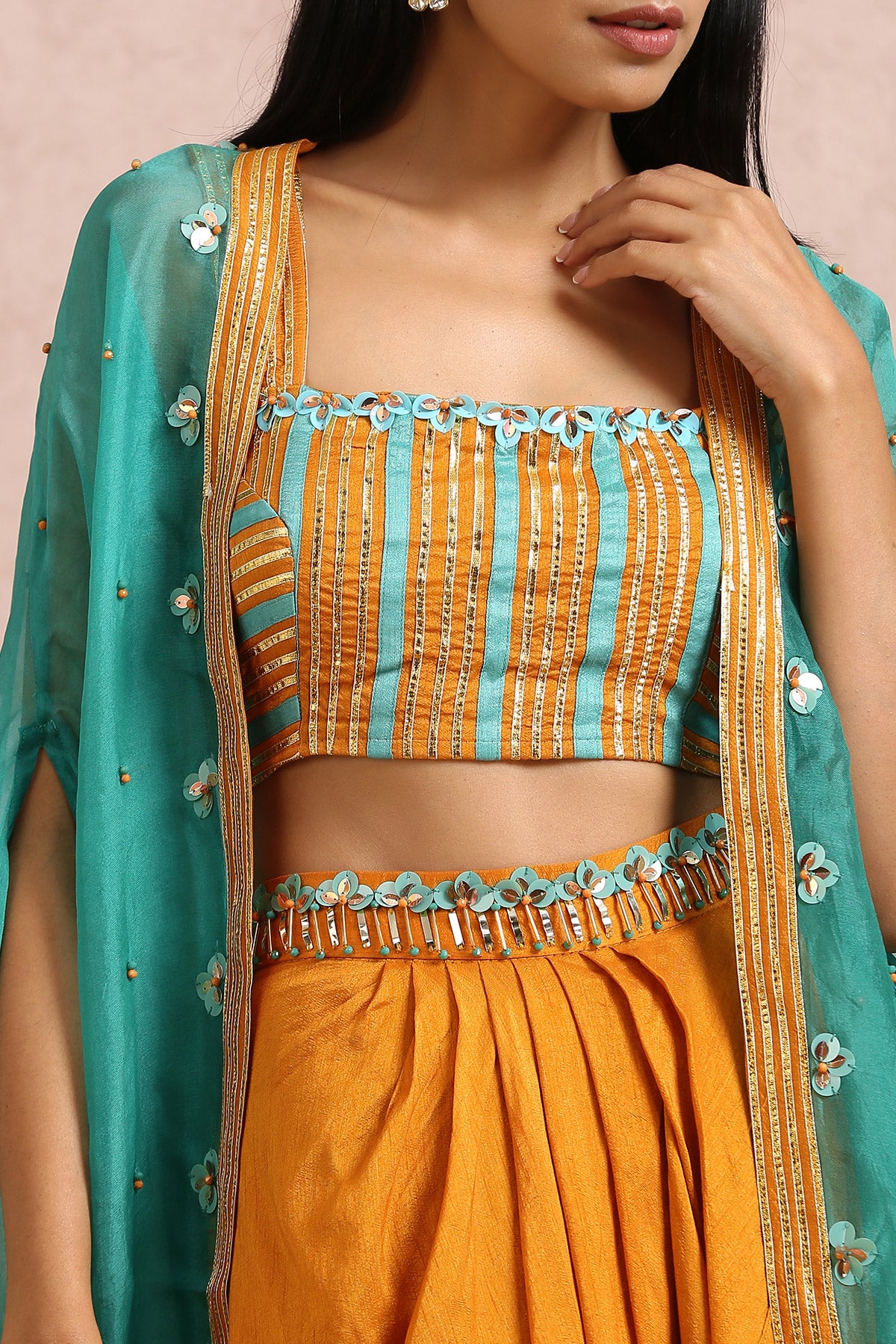 Teal Cape And Rust Dhoti Set