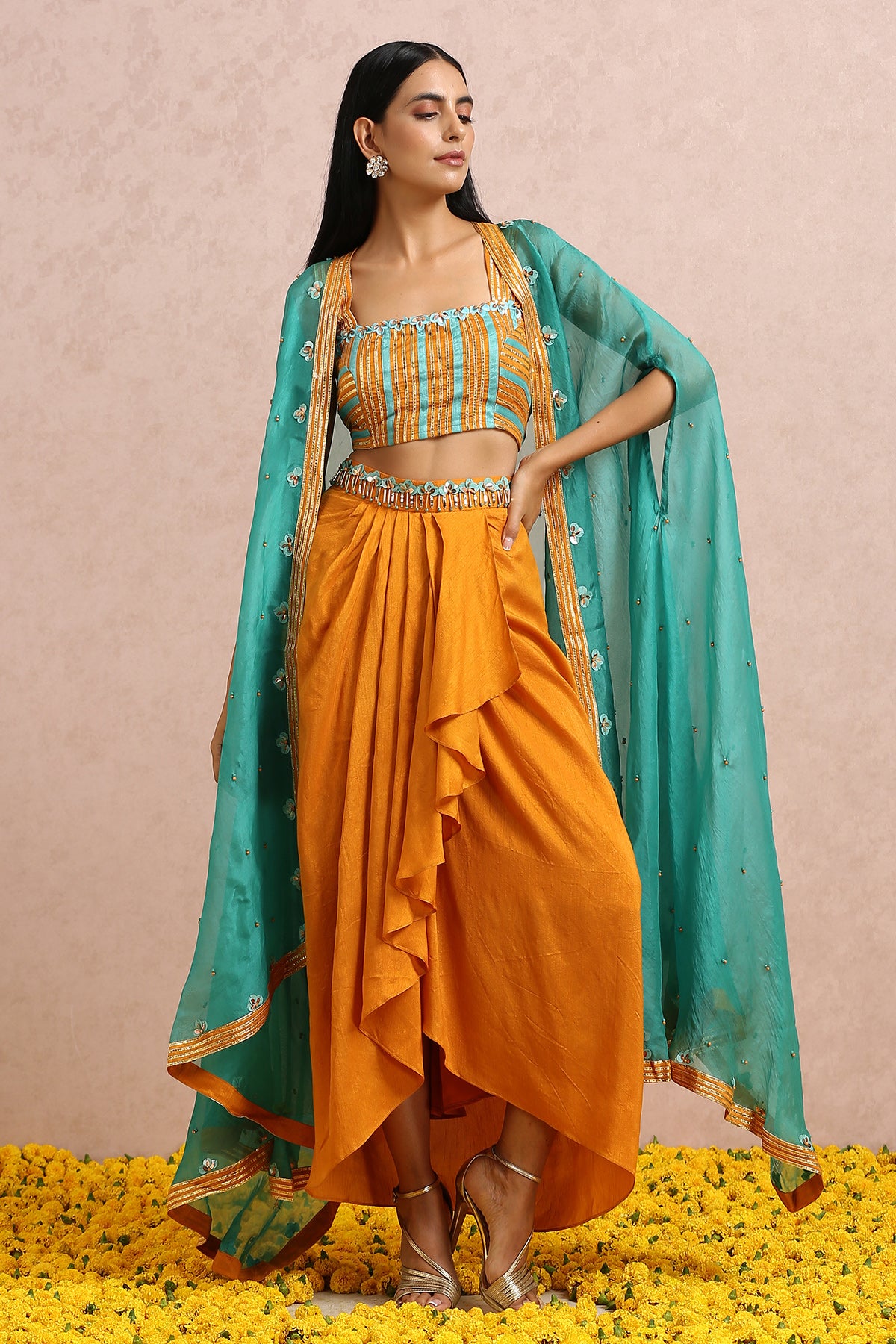 Teal Cape And Rust Dhoti Set