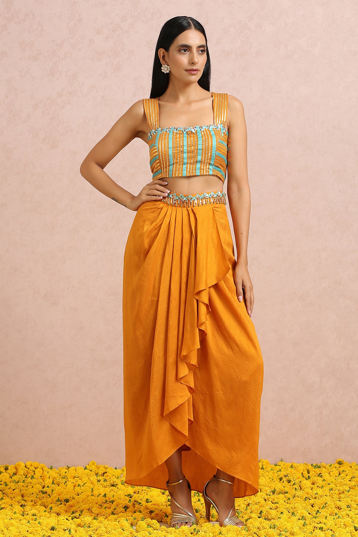 Teal Cape And Rust Dhoti Set
