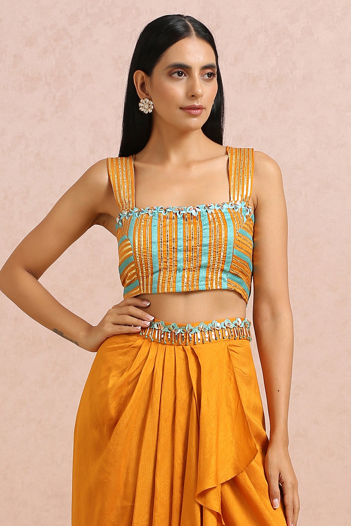 Teal Cape And Rust Dhoti Set