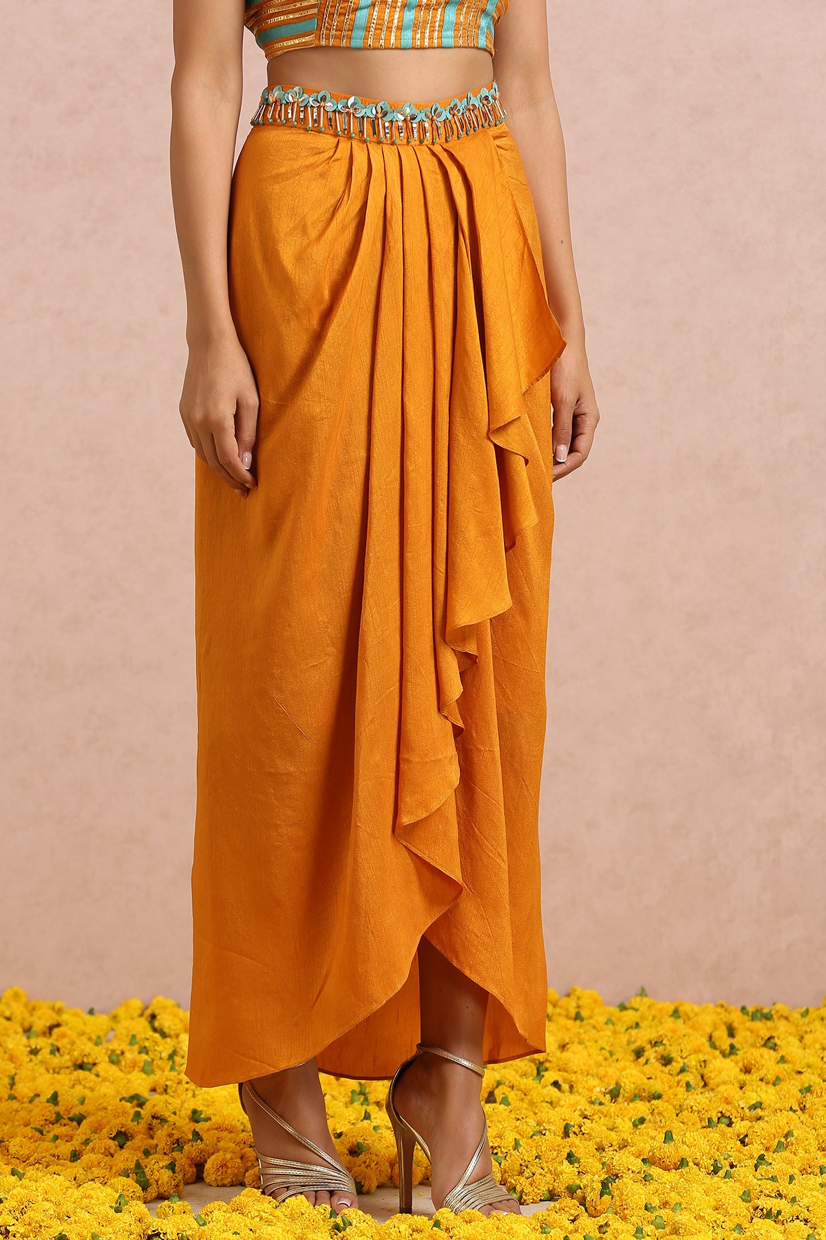 Teal Cape And Rust Dhoti Set