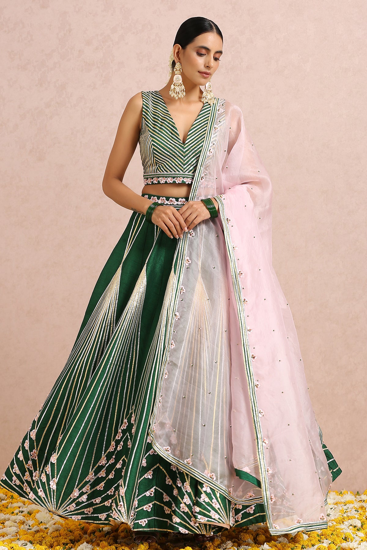 Emerald Green Lehenga with Sleeveless Blouse – Label Nitika