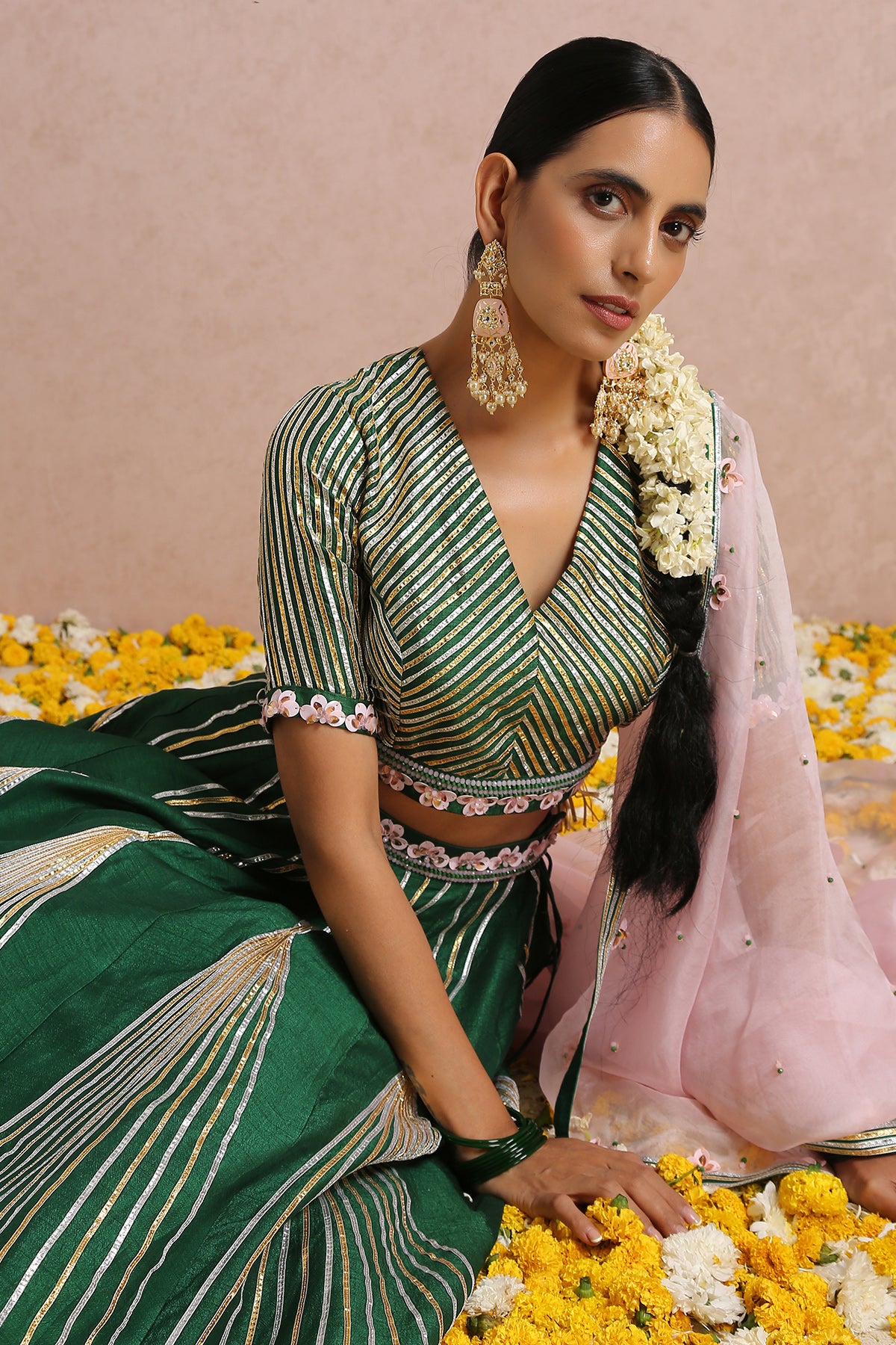 Emerald Green Lehenga with Sleeves Blouse