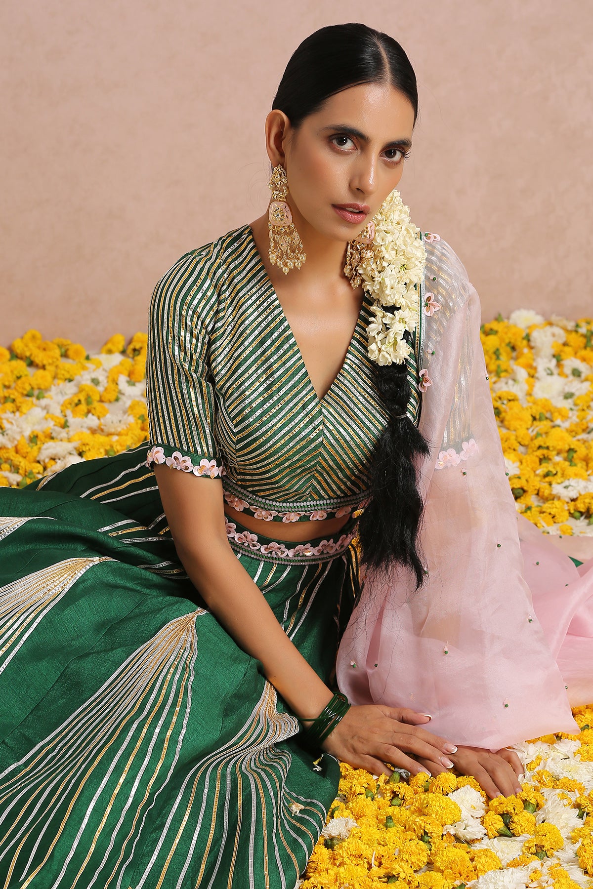 Emerald Green Lehenga with Sleeves Blouse