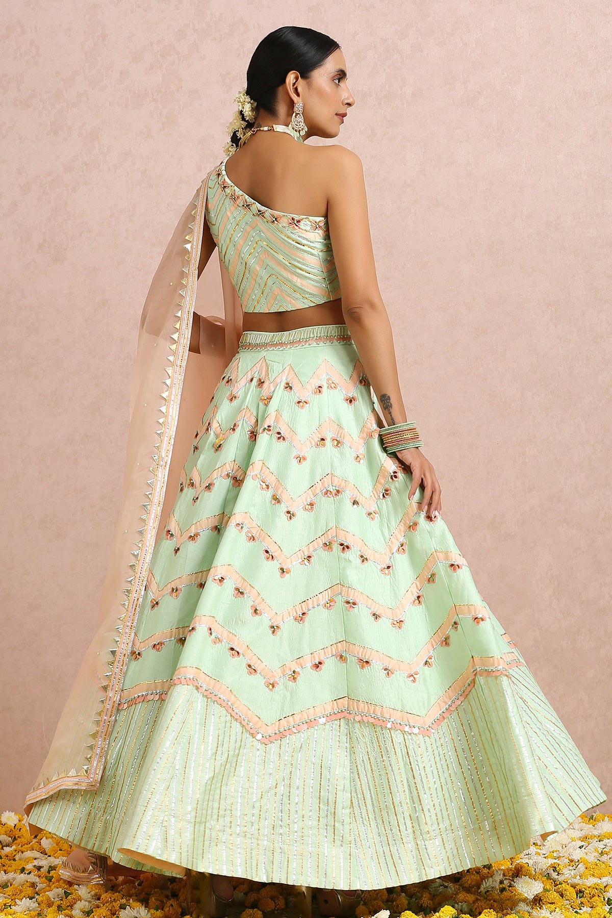 Mint Green Lehenga one Shoulder Blouse