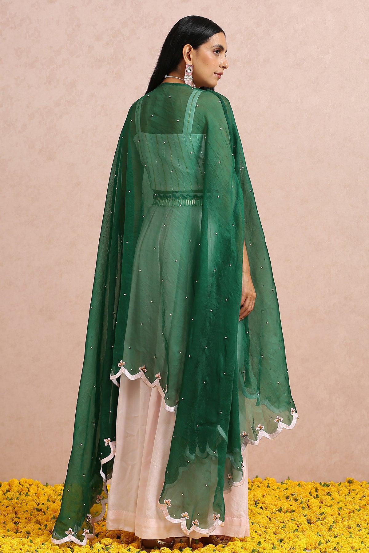 Baby Pink Palazzos With Emerald Cape