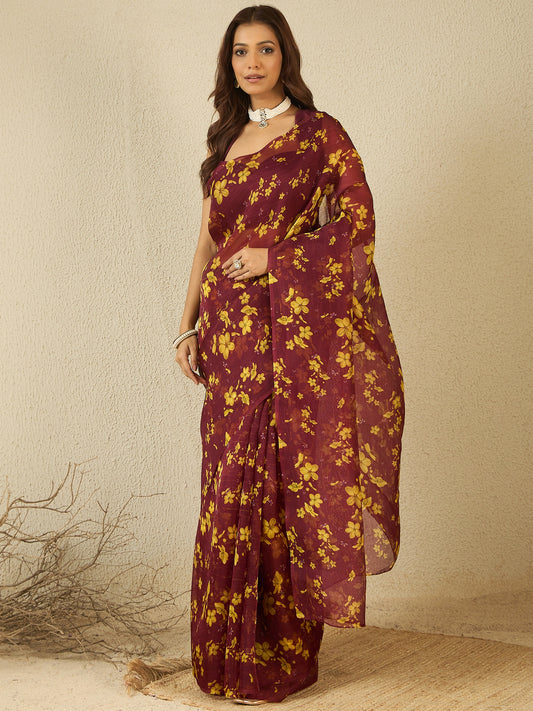 Maroon saree with stitched blouse (set of 2)