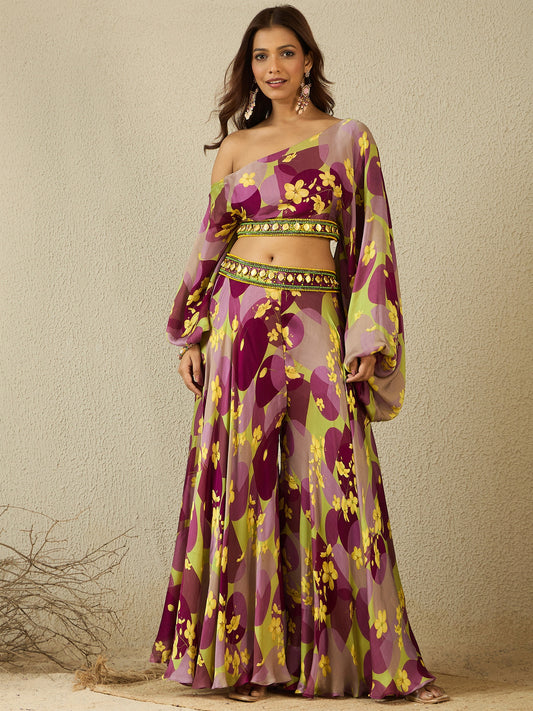 Plum abstract off shoulder top and wide palazzo (set of 2 )