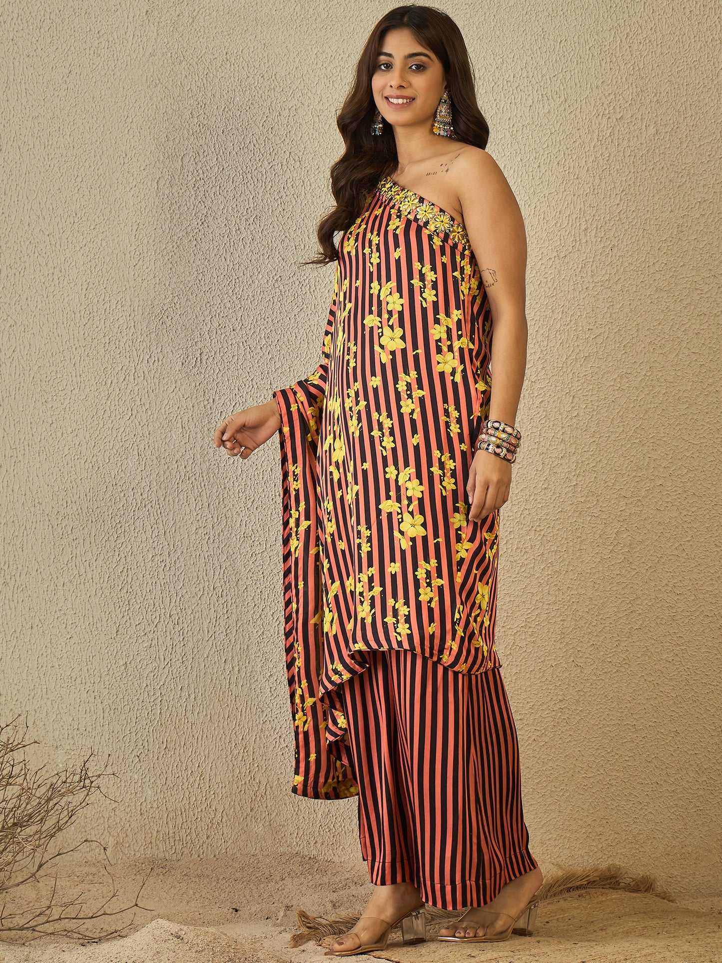 Black coral stripes one shoulder tunic with plazzo ( set of 2)