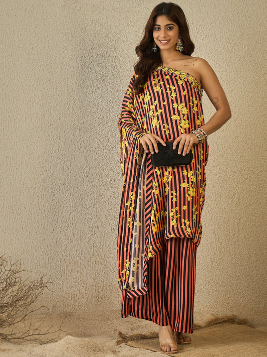 Black coral stripes one shoulder tunic with plazzo ( set of 2)