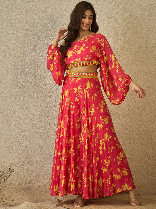 fuschia off shoulder top and wide palazzo (set of 2)