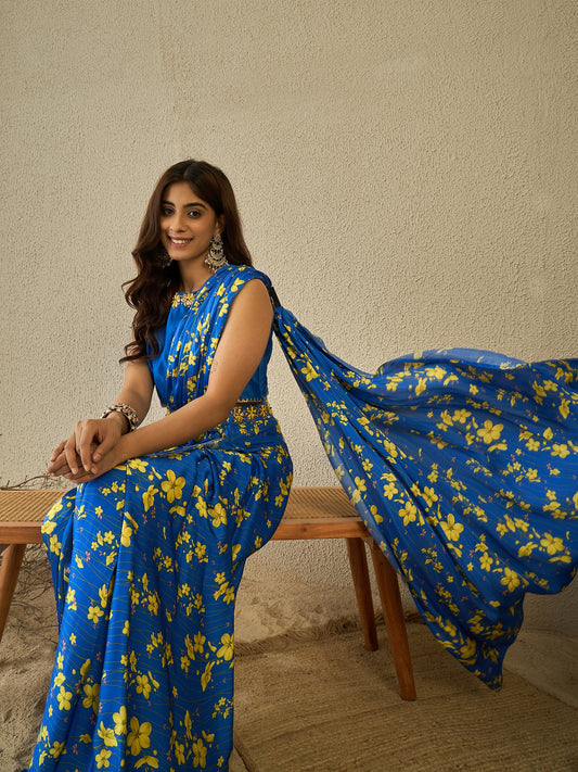 Royal Blue pre-draped saree with blouse (set of 2)