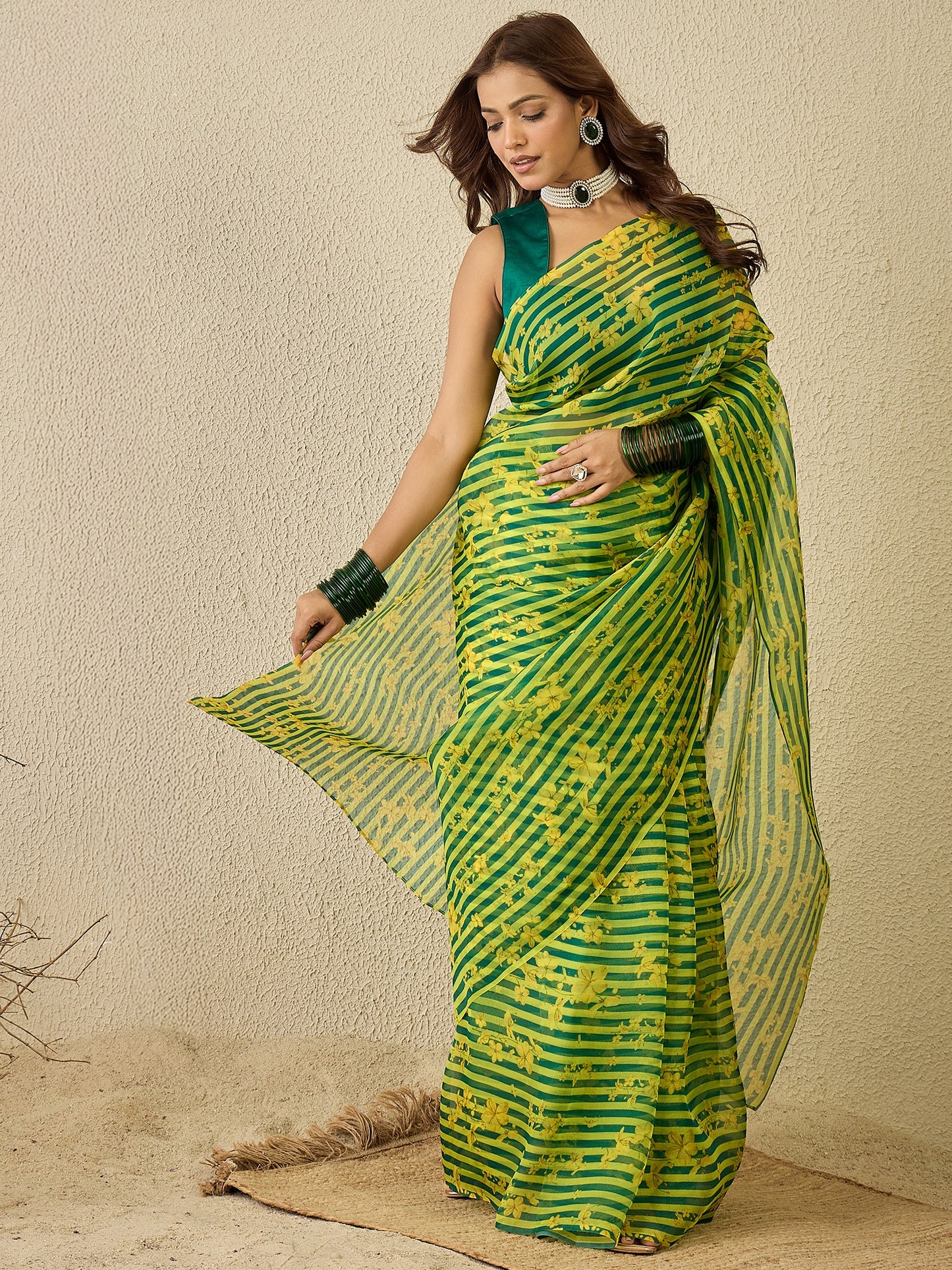 Emerald lime stripes with stitched blouse ( set of 2)