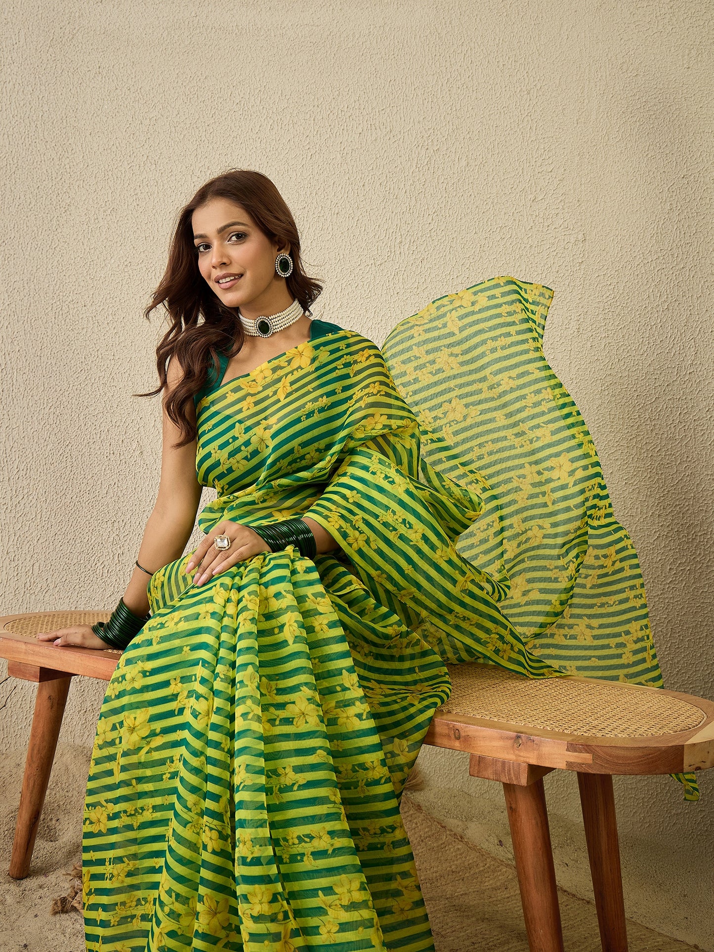 Emerald lime stripes with stitched blouse ( set of 2)