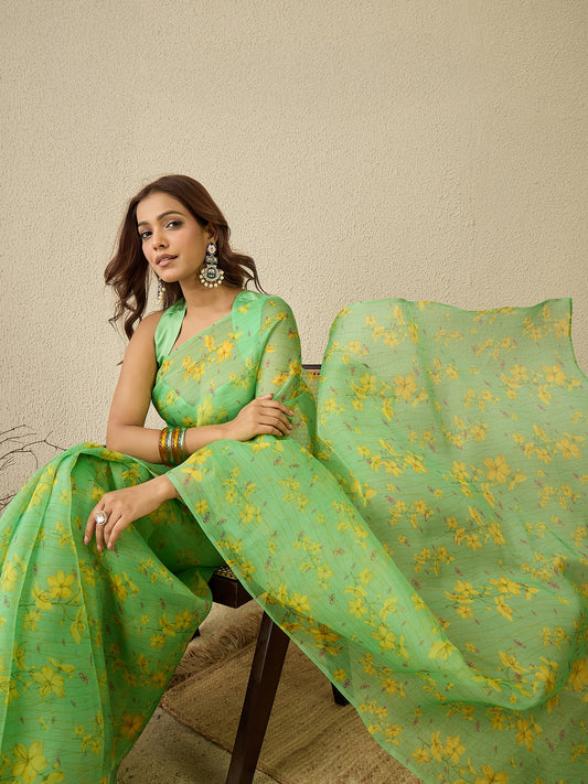Teal saree with  stitched blouse (set of 2)