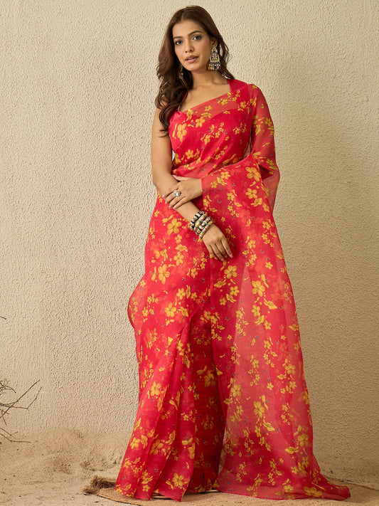 Fuschia saree with stitched blouse ( set of 2)
