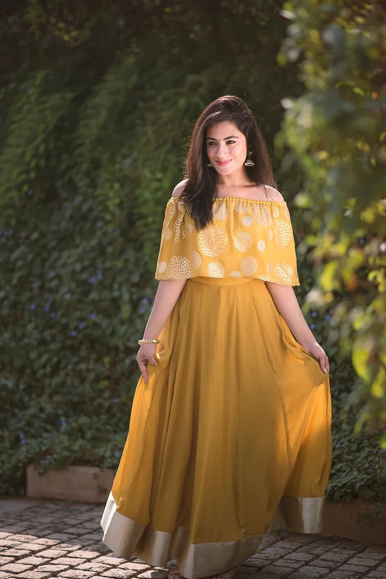 Mustard Off Shoulder Lehenga Set