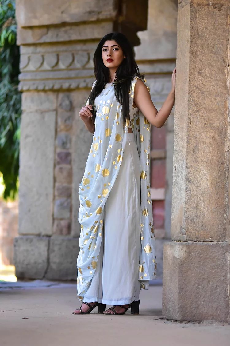 Buy Chhavvi Aggarwal White Crepe Printed Pant Saree With Blouse Online   Aza Fashions