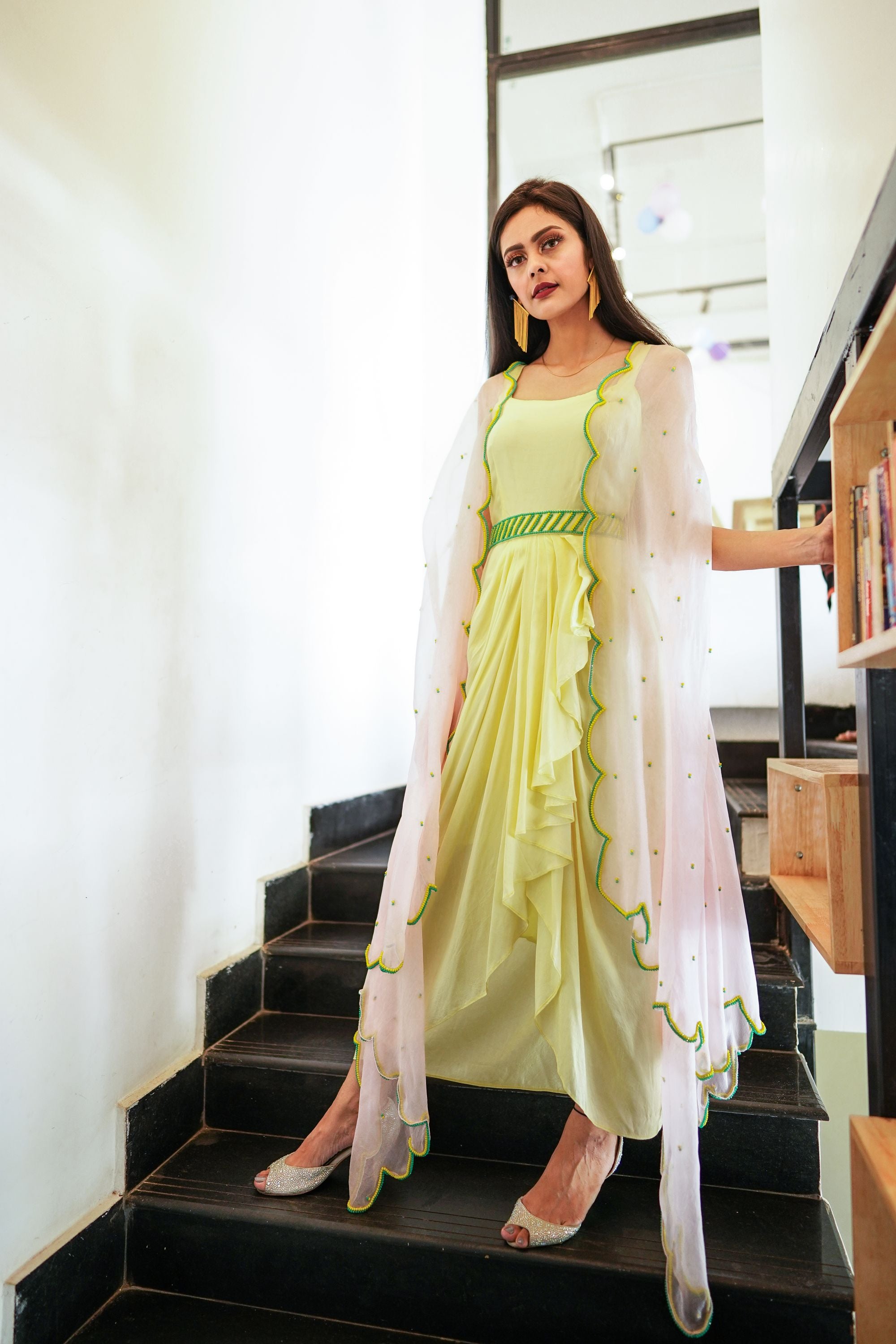 Mustard Gown with Embroidered Organza Cape | Collage Shop India