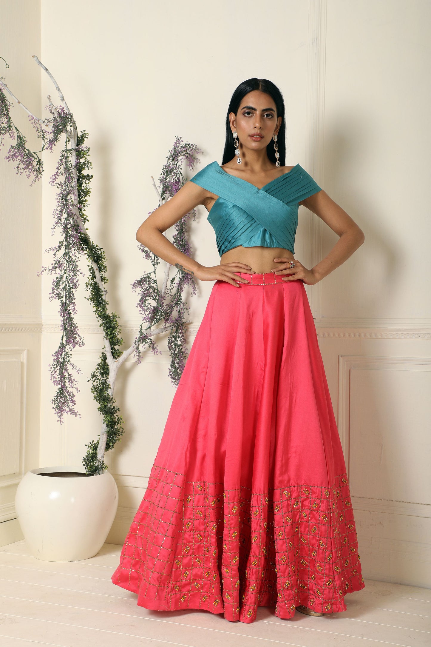 Rose Pink Lehenga with Teal Criss Cross top(Ready to ship)