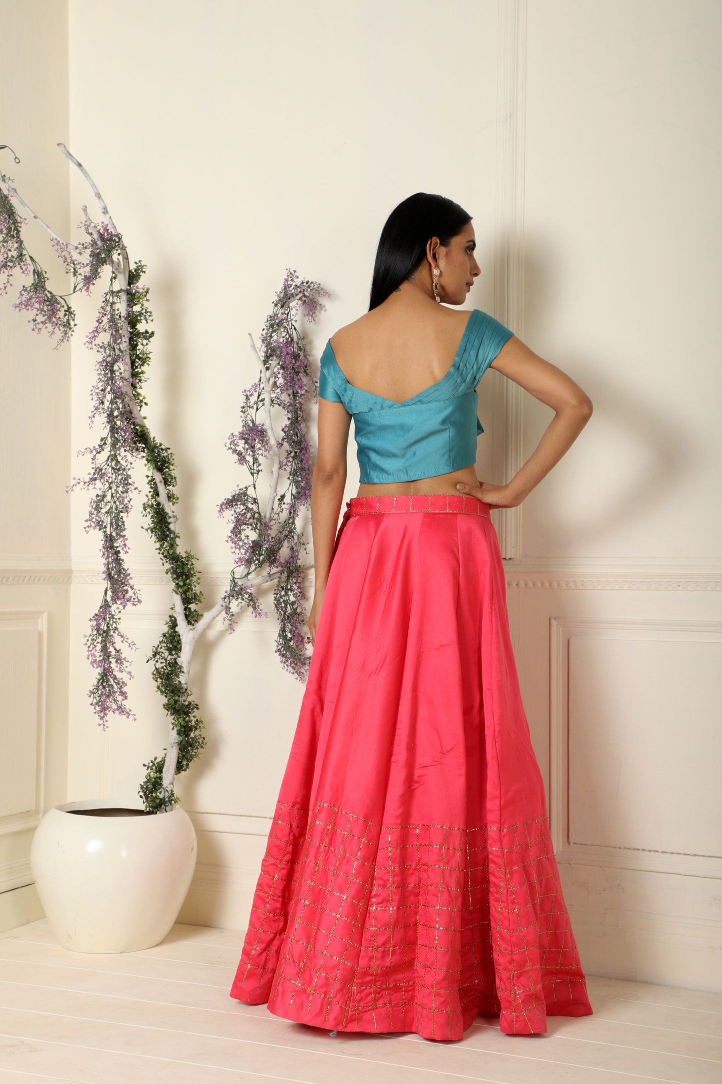 Rose Pink Lehenga with Teal Criss Cross top(Ready to ship)