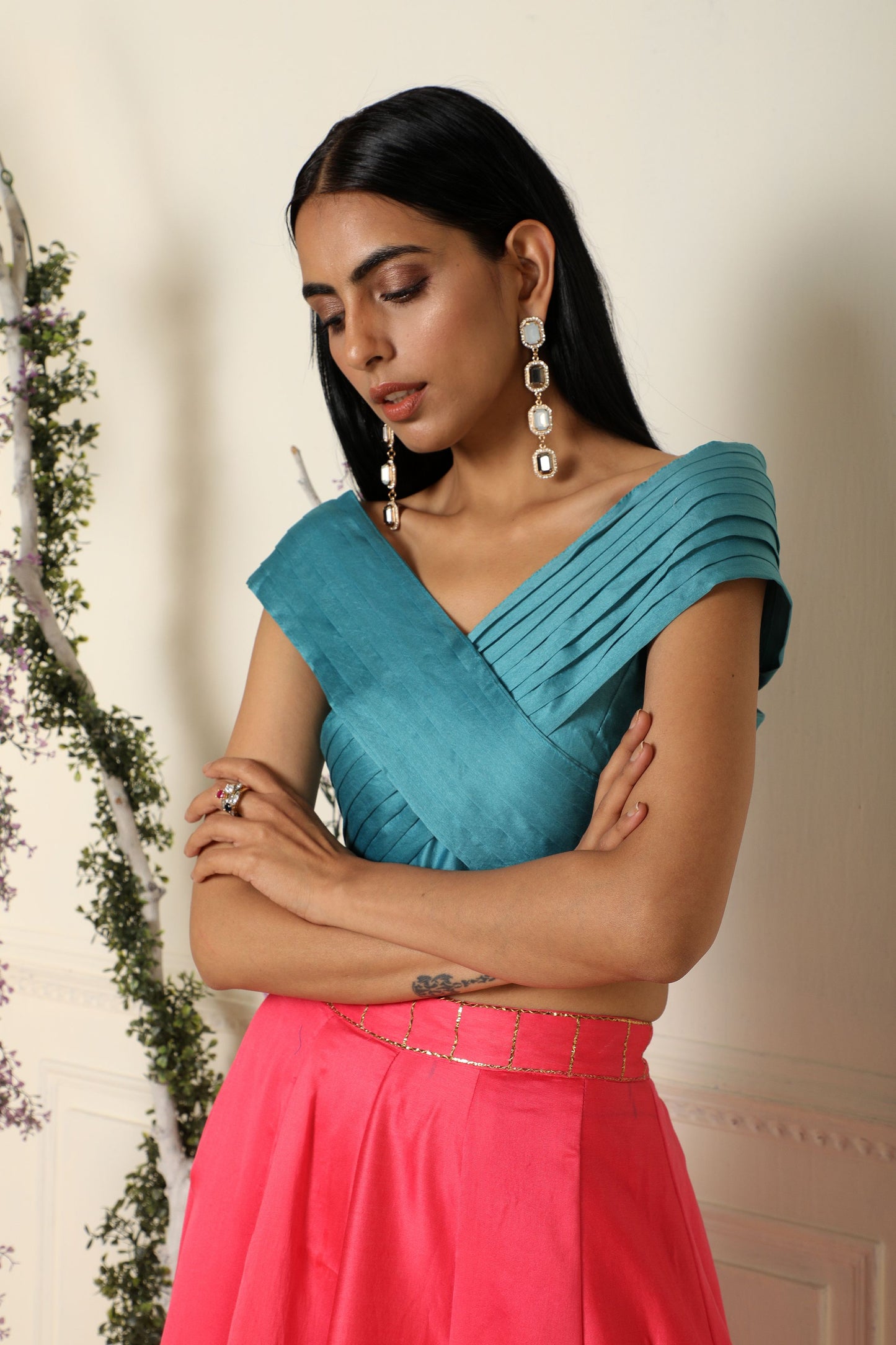 Rose Pink Lehenga with Teal Criss Cross top(Ready to ship)