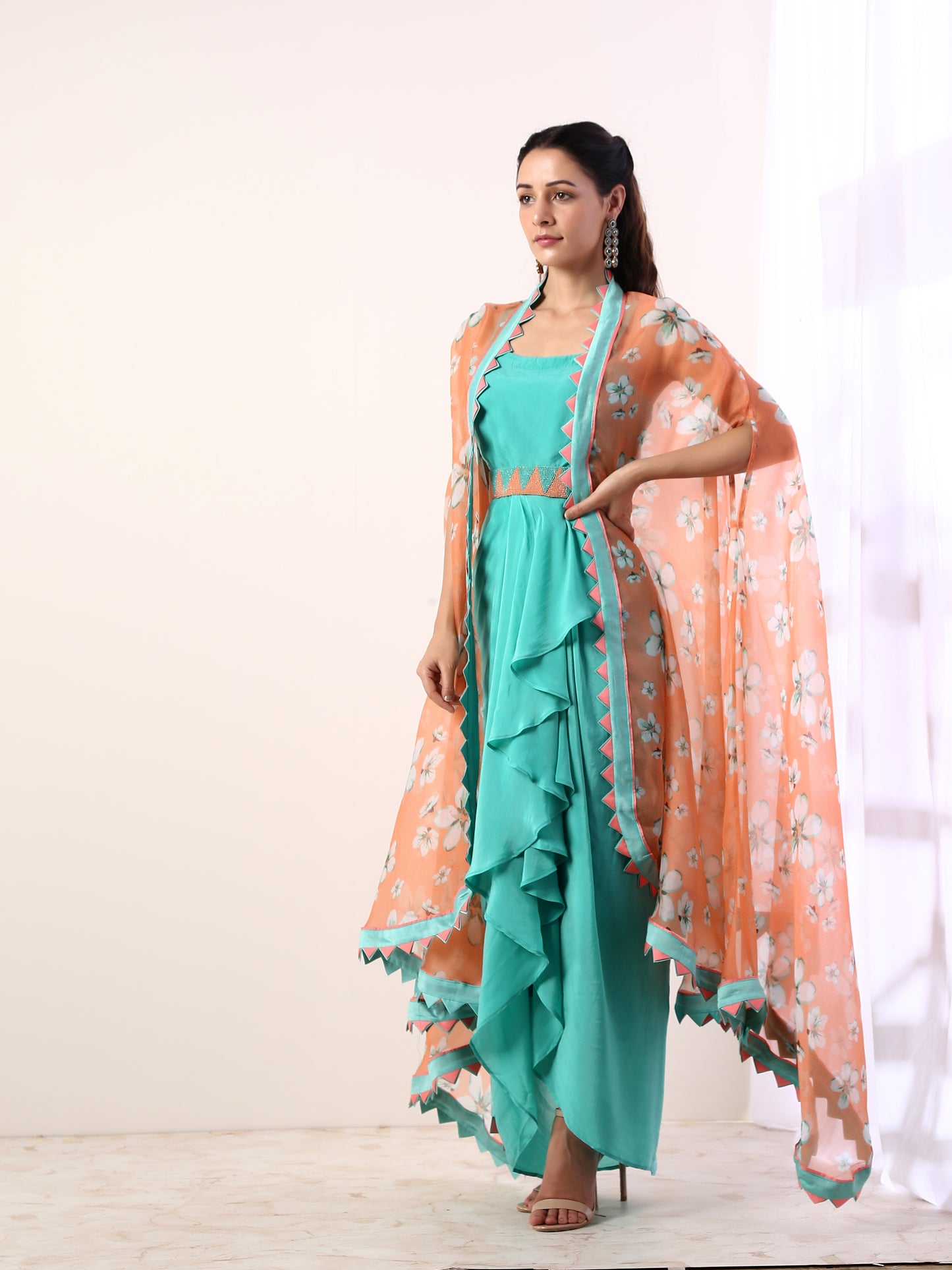 Coral Cape with teal draped dress(set of 3)