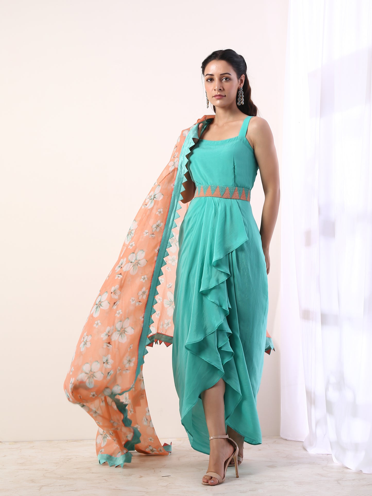 Coral Cape with teal draped dress(set of 3)
