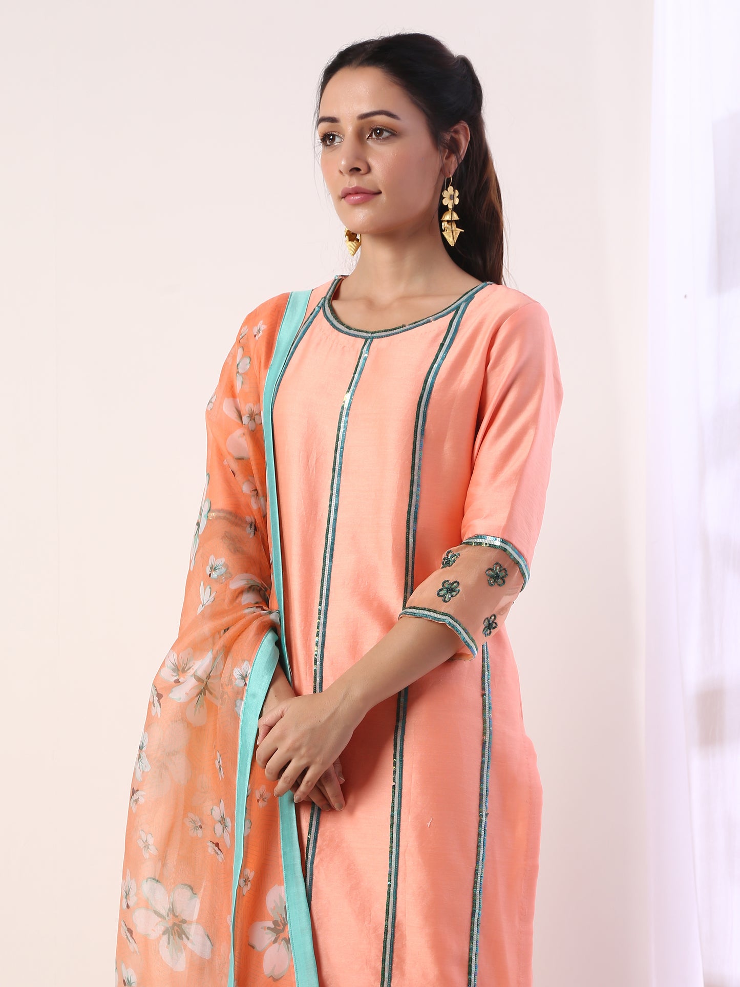 Coral Kurta set with organza dupatta(set of 3)