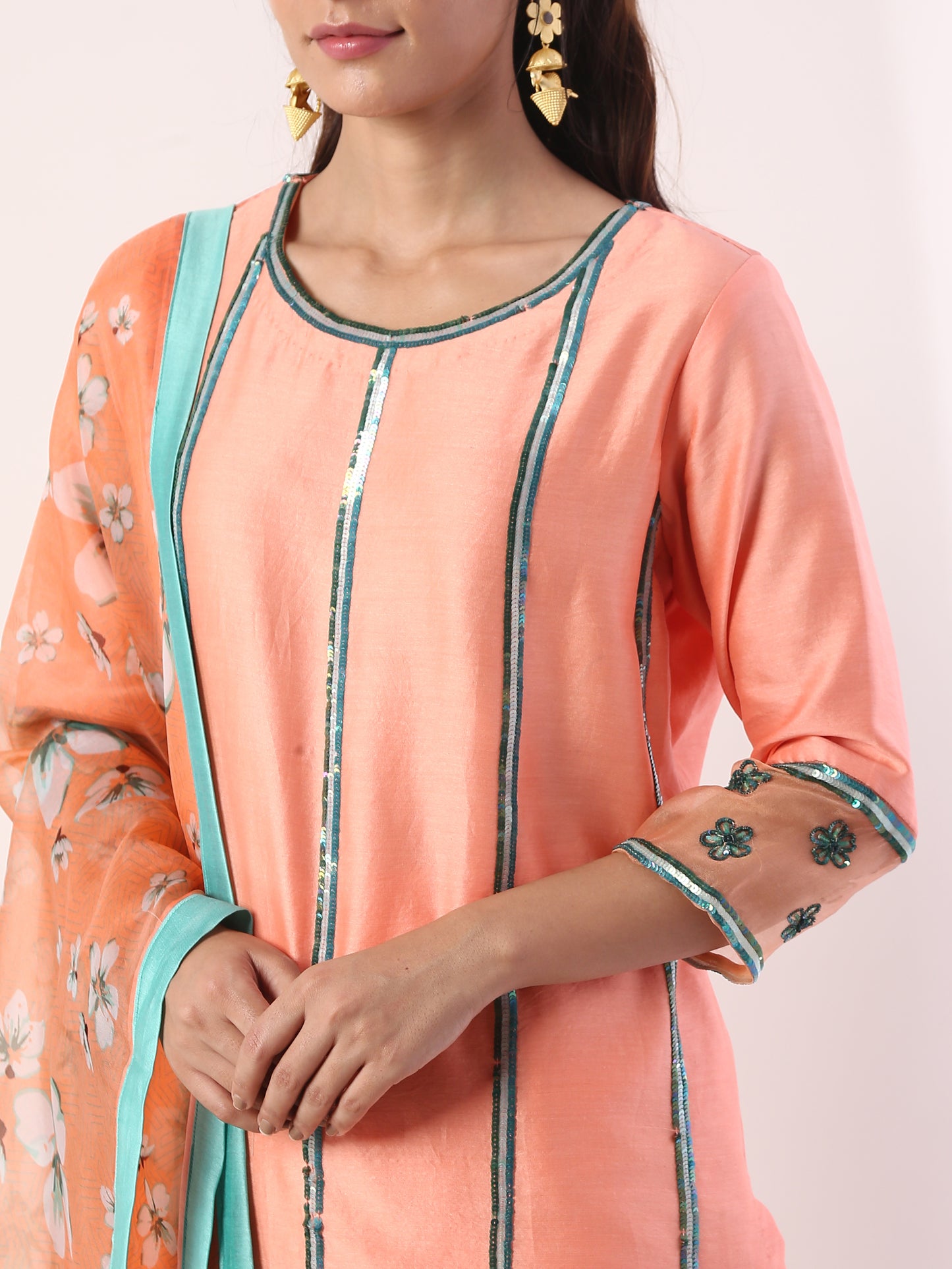 Coral Kurta set with organza dupatta(set of 3)