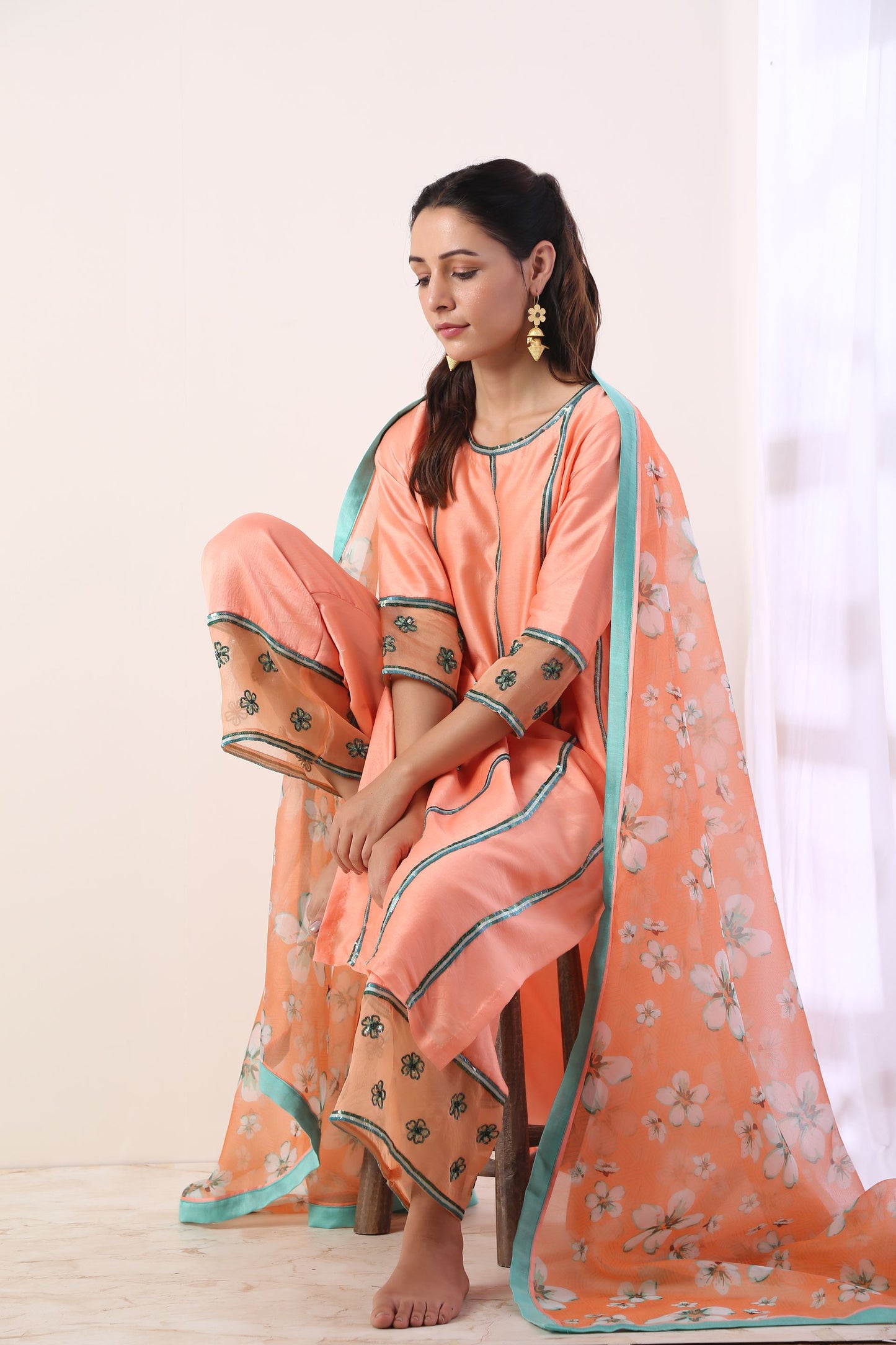 Coral Kurta set with organza dupatta(set of 3)