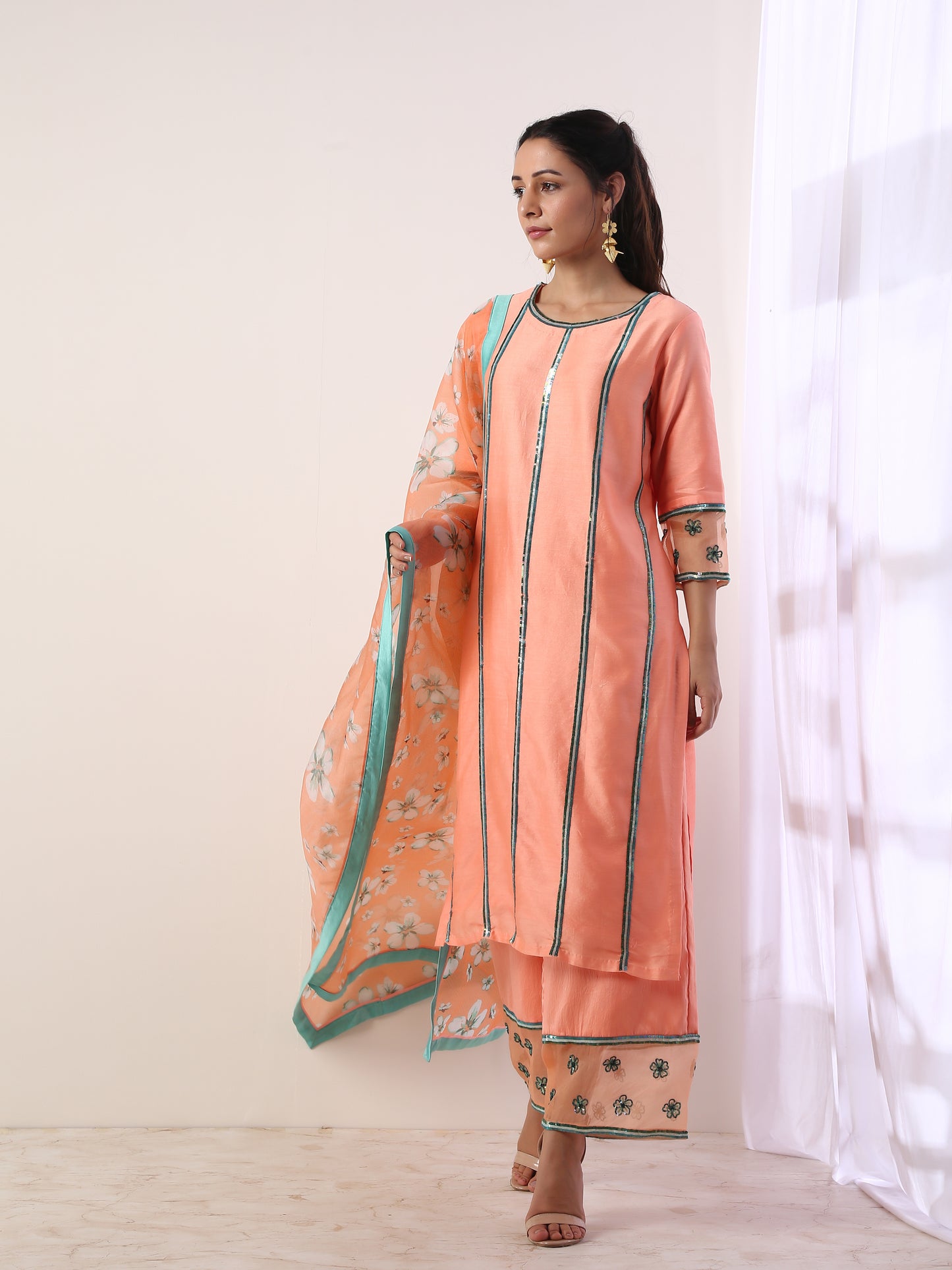 Coral Kurta set with organza dupatta(set of 3)
