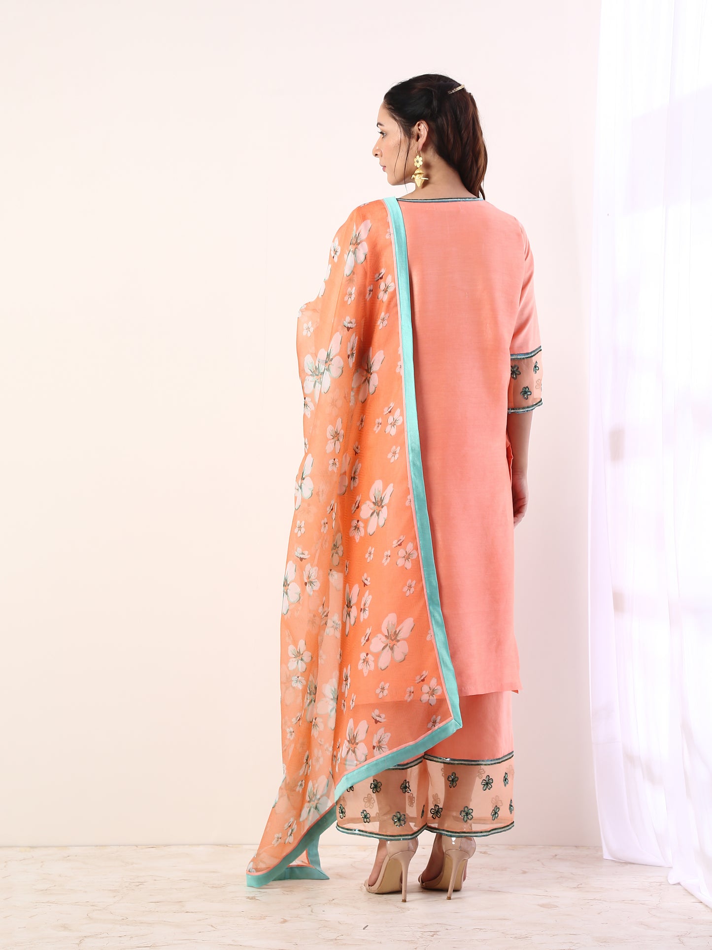Coral Kurta set with organza dupatta(set of 3)