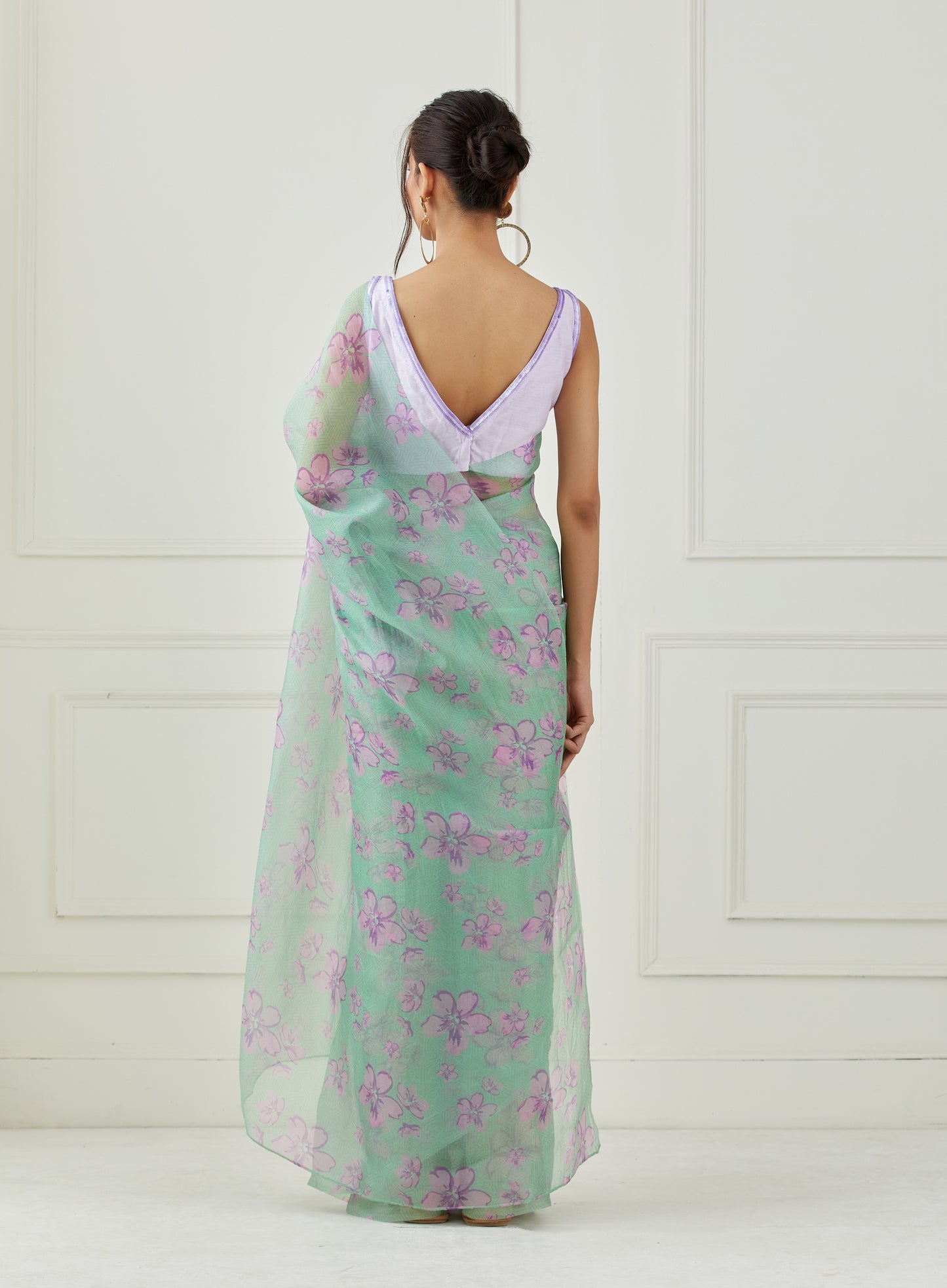 Mint green organza saree (Unstitched blouse)