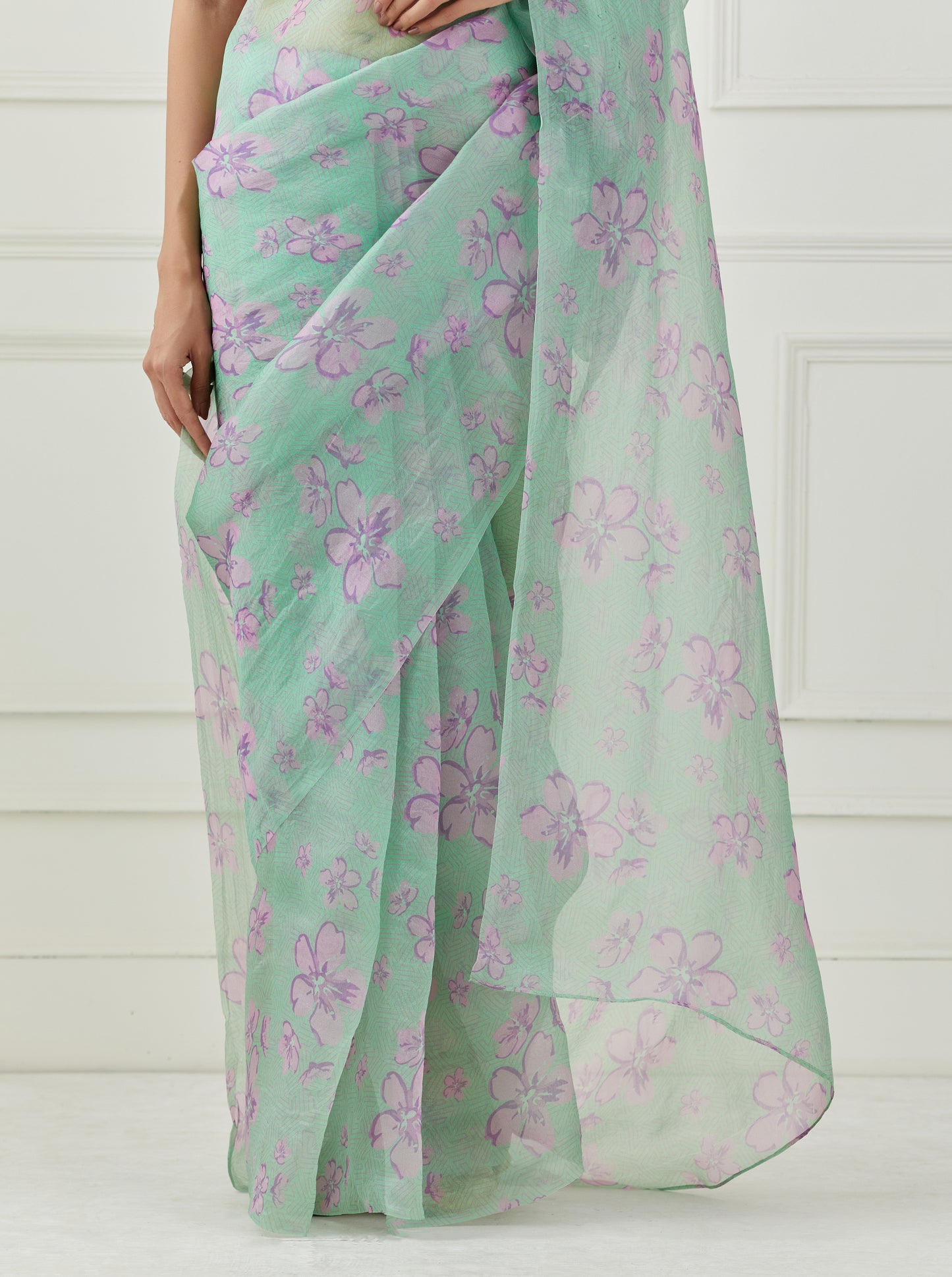 Mint green organza saree (Unstitched blouse)