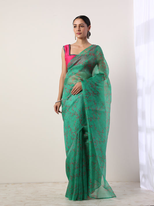 Green Printed organza saree(set of 2)