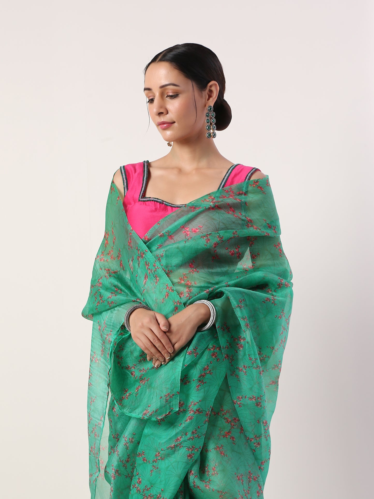 Green Printed organza saree(set of 2)