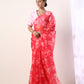 Hot Pink Printed organza saree(set of 2)