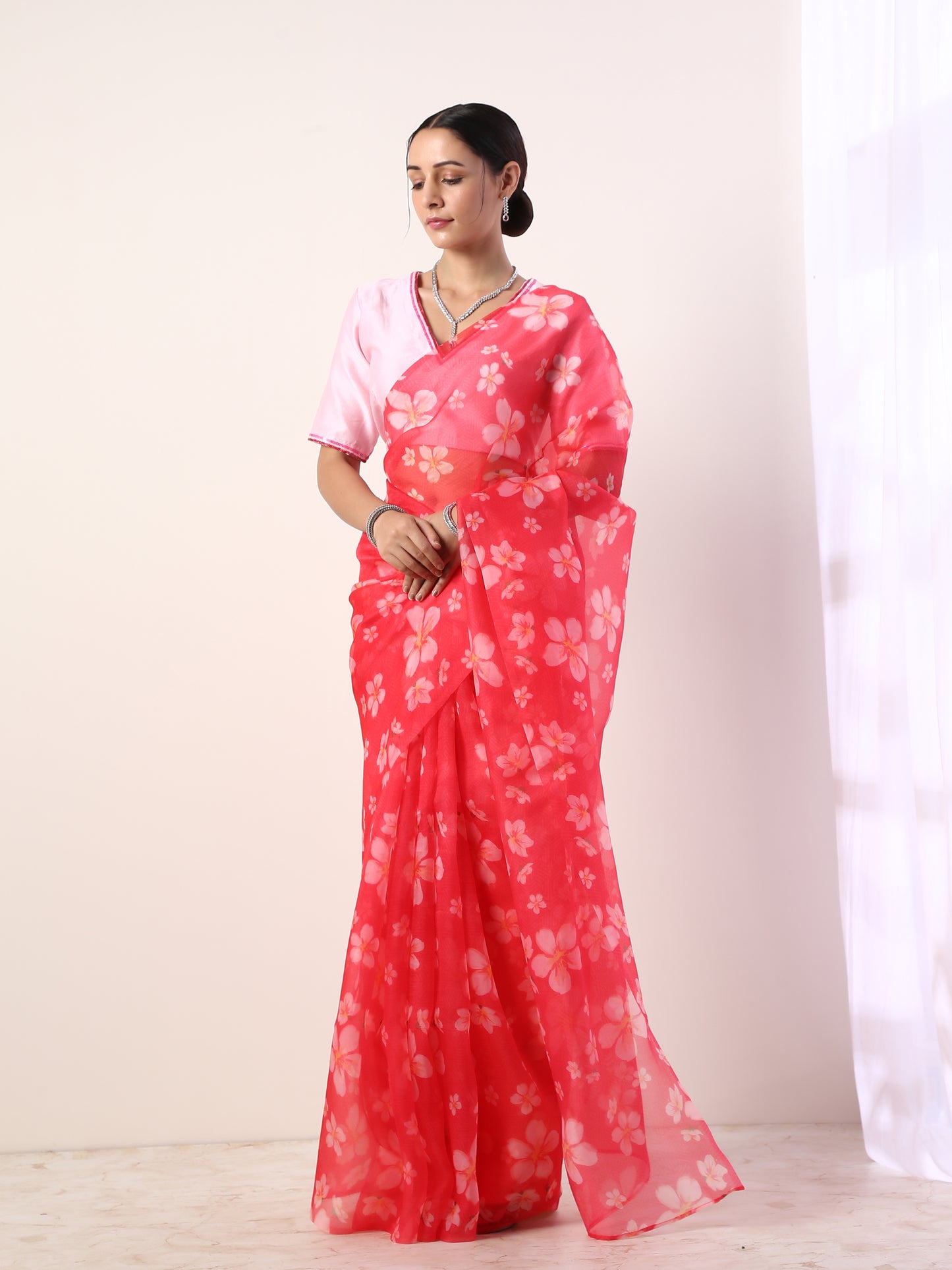 Hot Pink Printed organza saree(set of 2)