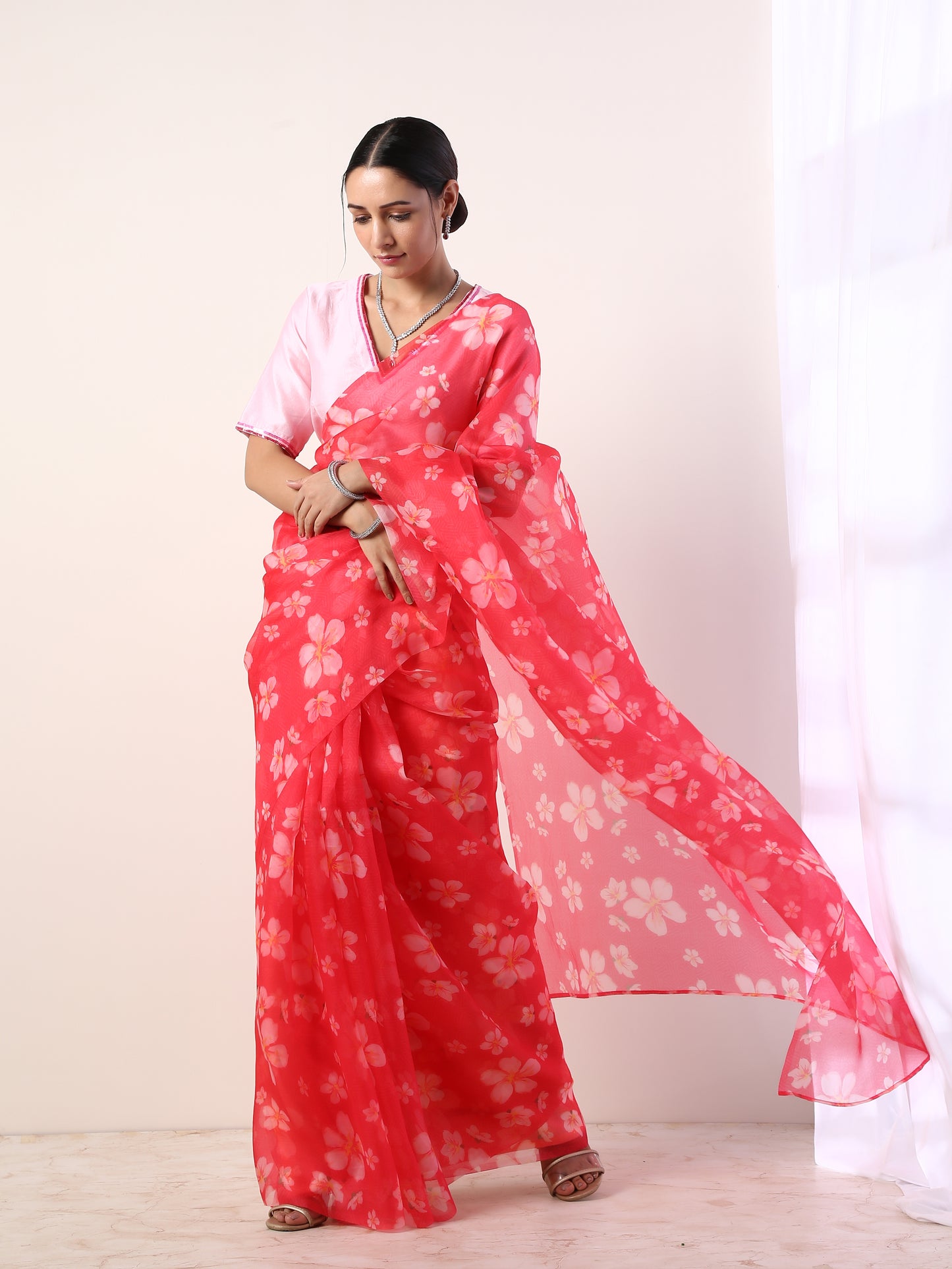 Hot Pink Printed organza saree(set of 2)