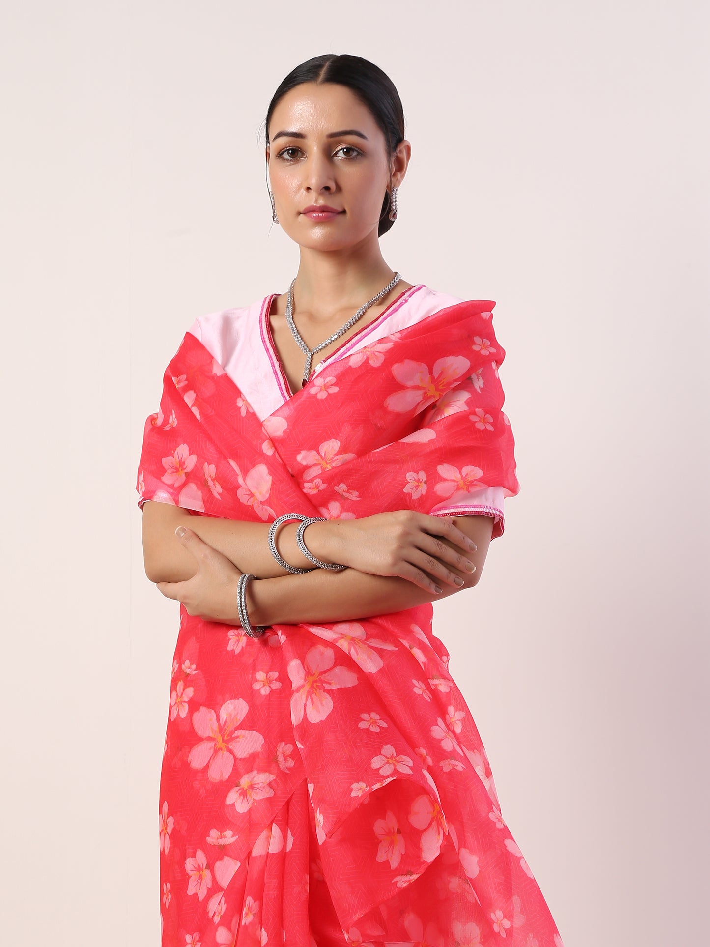 Hot Pink Printed organza saree(set of 2)