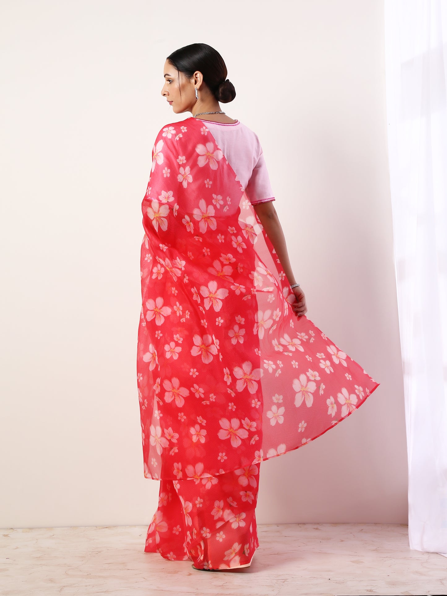 Hot Pink Printed organza saree(set of 2)
