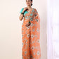 Coral Printed organza saree with Teal Blouse(set of 2)