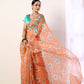 Coral Printed organza saree with Teal Blouse(set of 2)