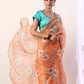 Coral Printed organza saree with Teal Blouse(set of 2)