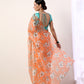 Coral Printed organza saree with Teal Blouse(set of 2)