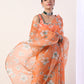 Coral Printed organza saree with Coral Blouse(set of 2)